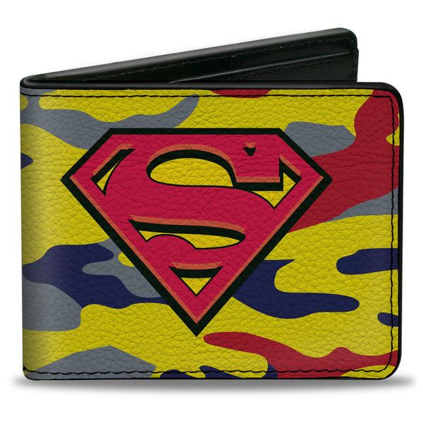 Buckle-Down Bi-Fold Wallet - Superman Shield Camo Yellow Gray Blue Red