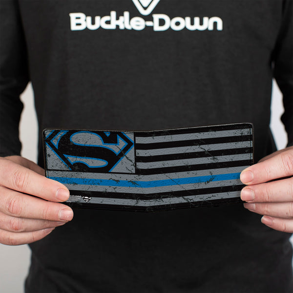 Buckle-Down Bi-Fold Wallet - Superman Shield Thin Blue Line Weathered Gray/Black/Blue