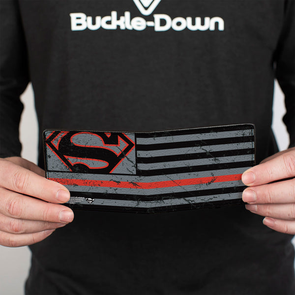 Buckle-Down Bi-Fold Wallet - Superman Shield Thin Red Line Weathered Gray Black Red