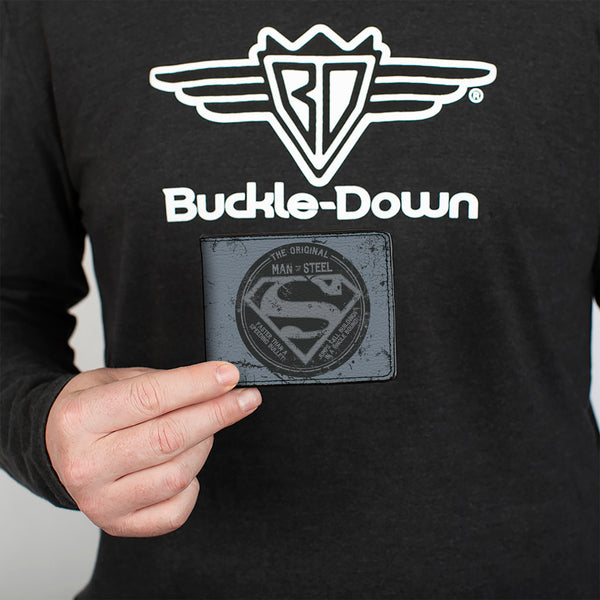 Buckle-Down Bi-Fold Wallet - Superman THE ORIGINAL MAN OF STEEL Badge + Quote Weathered Grays Red