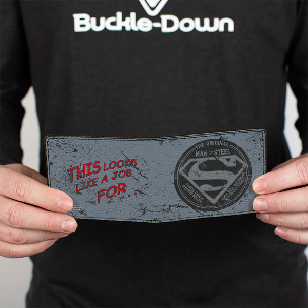 Buckle-Down Bi-Fold Wallet - Superman THE ORIGINAL MAN OF STEEL Badge + Quote Weathered Grays Red
