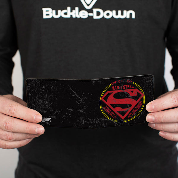 Buckle-Down Bi-Fold Wallet - Superman THE ORIGINAL MAN OF STEEL Badge Weathered Black Red Yellow