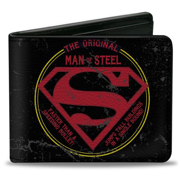 Buckle-Down Bi-Fold Wallet - Superman THE ORIGINAL MAN OF STEEL Badge Weathered Black Red Yellow