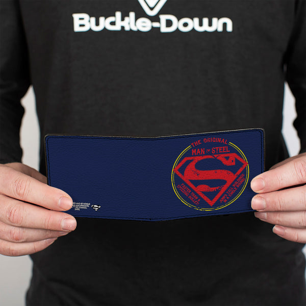 Buckle-Down Bi-Fold Wallet - Superman THE ORIGINAL MAN OF STEEL Badge Weathered Blue Red Yellow