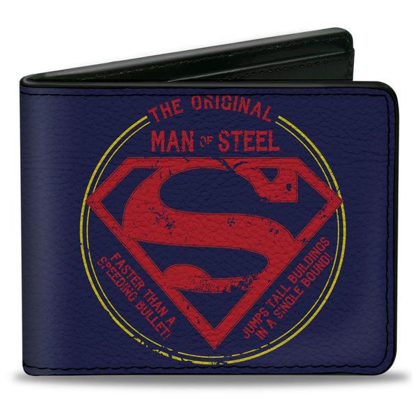 Buckle-Down Bi-Fold Wallet - Superman THE ORIGINAL MAN OF STEEL Badge Weathered Blue Red Yellow