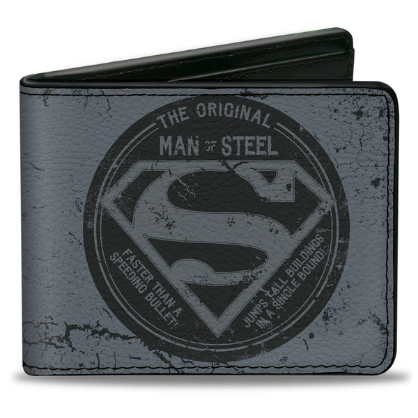Buckle-Down Bi-Fold Wallet - Superman THE ORIGINAL MAN OF STEEL Badge + Quote Weathered Grays Red