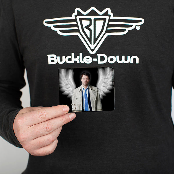 Buckle-Down Bi-Fold Wallet - SUPERNATURAL Castiel Angel Wings Pose + Logo Black White