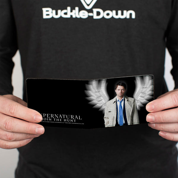 Buckle-Down Bi-Fold Wallet - SUPERNATURAL Castiel Angel Wings Pose + Logo Black White