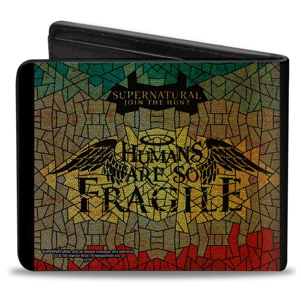 Buckle-Down Bi-Fold Wallet - SUPERNATURAL-HUMANS ARE SO FRAGILE Stained Glass Black Greens Yellows Red