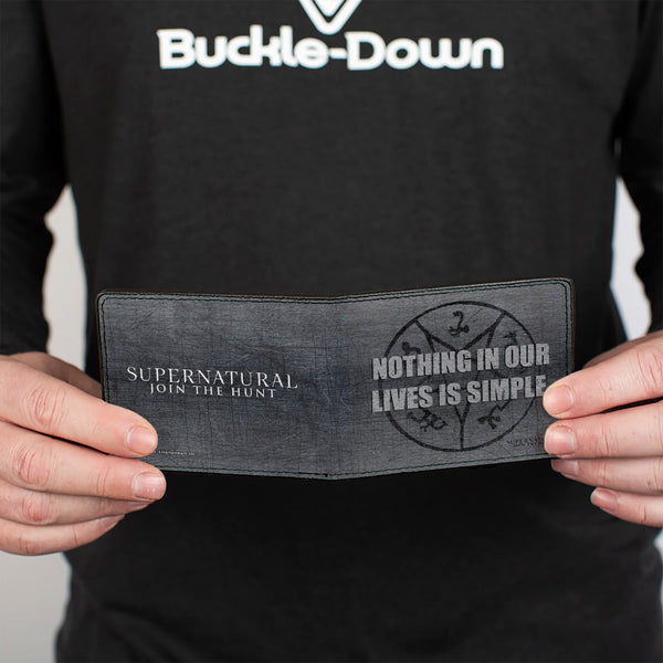 Buckle-Down Bi-Fold Wallet - Supernatural NOTHING IN OUR LIVES IS SIMPLE Devil's Trap Symbol + Logo Grays
