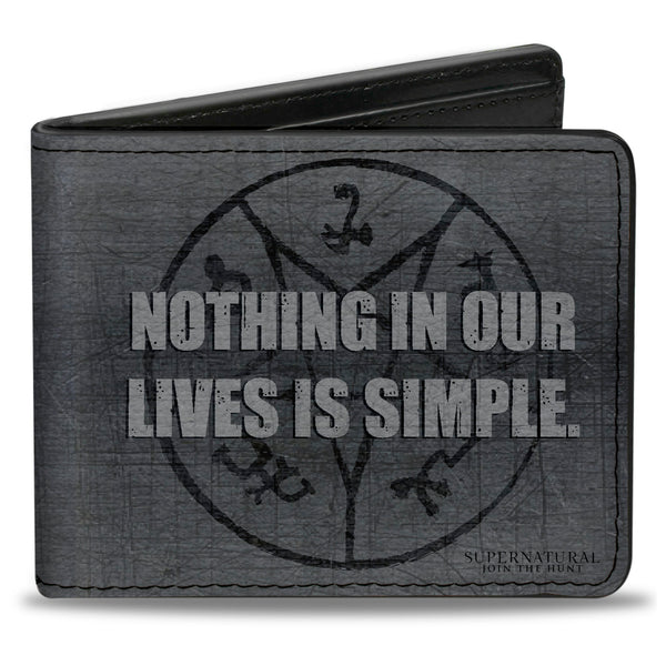 Buckle-Down Bi-Fold Wallet - Supernatural NOTHING IN OUR LIVES IS SIMPLE Devil's Trap Symbol + Logo Grays