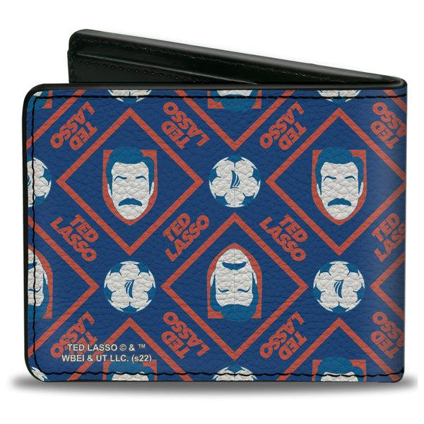 Buckle-Down Bi-Fold Wallet - TED LASSO Text With Icon And Soccer Ball Pattern Blues White Red