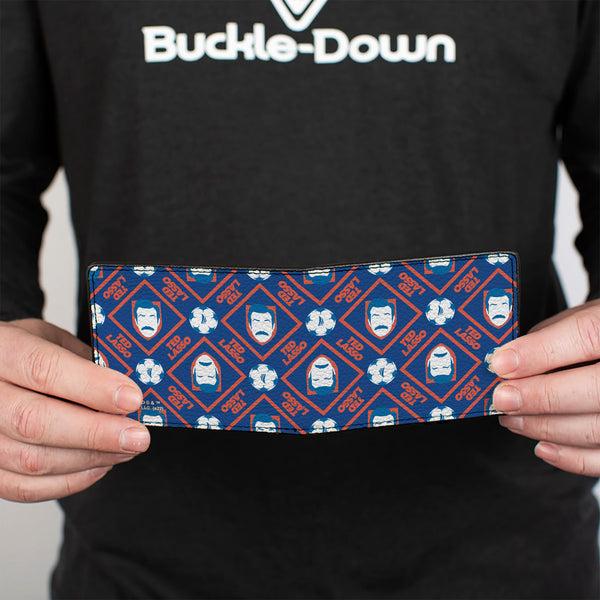Buckle-Down Bi-Fold Wallet - TED LASSO Text With Icon And Soccer Ball Pattern Blues White Red
