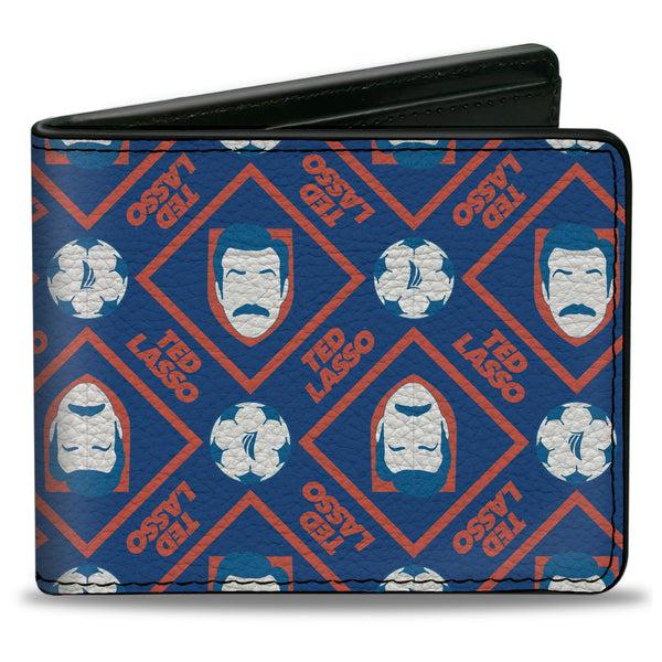 Buckle-Down Bi-Fold Wallet - TED LASSO Text with Icon and Soccer Ball Pattern Blues White Red