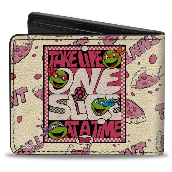 Buckle-Down Bi-Fold Wallet - Teenage Mutant Ninja Turtles TAKE LIFE ONE SLICE AT A TIME Pizza Collage Beige/Reds