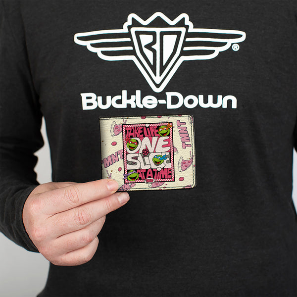 Buckle-Down Bi-Fold Wallet - Teenage Mutant Ninja Turtles TAKE LIFE ONE SLICE AT A TIME Pizza Collage Beige/Reds