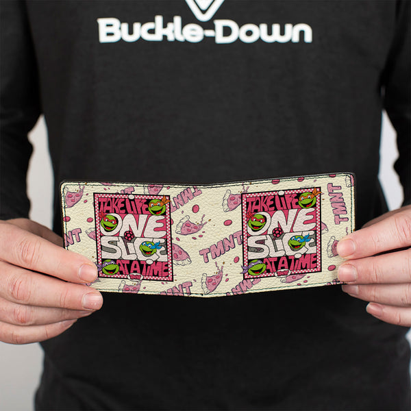 Buckle-Down Bi-Fold Wallet - Teenage Mutant Ninja Turtles TAKE LIFE ONE SLICE AT A TIME Pizza Collage Beige/Reds