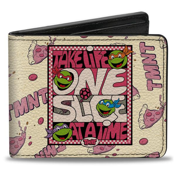 Buckle-Down Bi-Fold Wallet - Teenage Mutant Ninja Turtles TAKE LIFE ONE SLICE AT A TIME Pizza Collage Beige/Reds