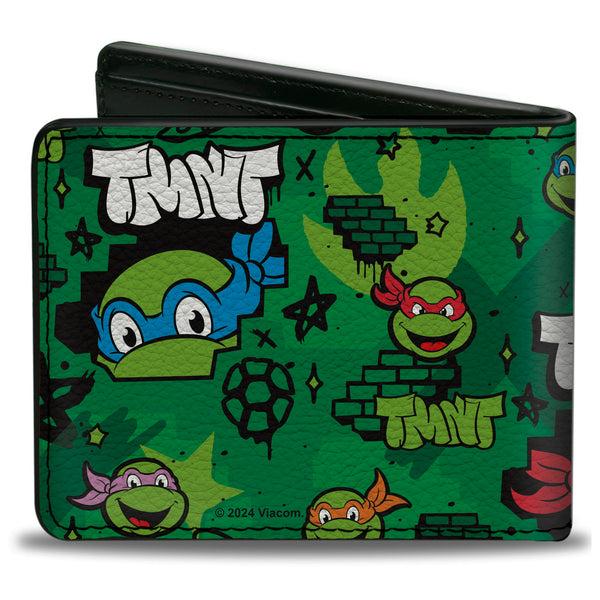 Buckle-Down Bi-Fold Wallet - Teenage Mutant Ninja Turtles TMNT Faces Brick Wall Greens