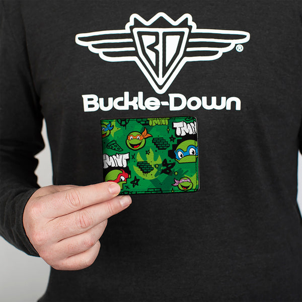 Buckle-Down Bi-Fold Wallet - Teenage Mutant Ninja Turtles TMNT Faces Brick Wall Greens