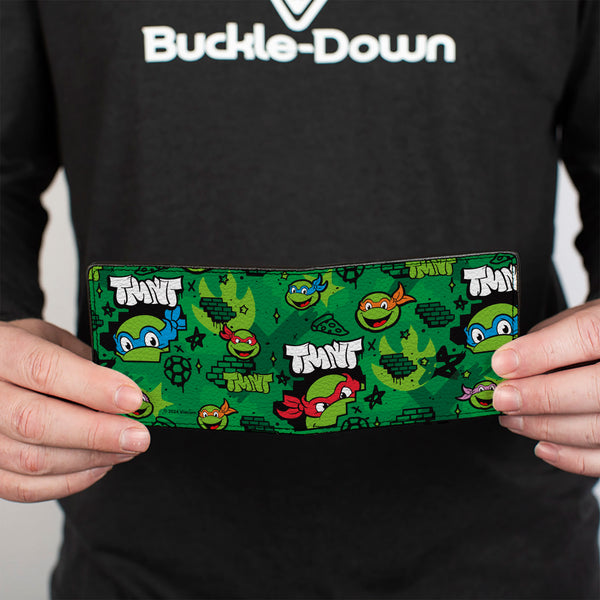 Buckle-Down Bi-Fold Wallet - Teenage Mutant Ninja Turtles TMNT Faces Brick Wall Greens