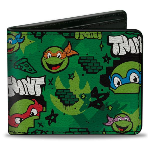 Buckle-Down Bi-Fold Wallet - Teenage Mutant Ninja Turtles TMNT Faces Brick Wall Greens
