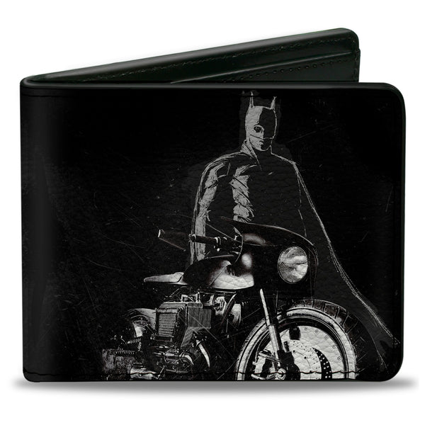 Buckle-Down Bi-Fold Wallet - The Batman and Batcycle Pose Black White