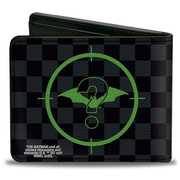 Buckle-Down Bi-Fold Wallet - The Batman Movie Batman And Riddler Target Logo Checker Black Gray Green