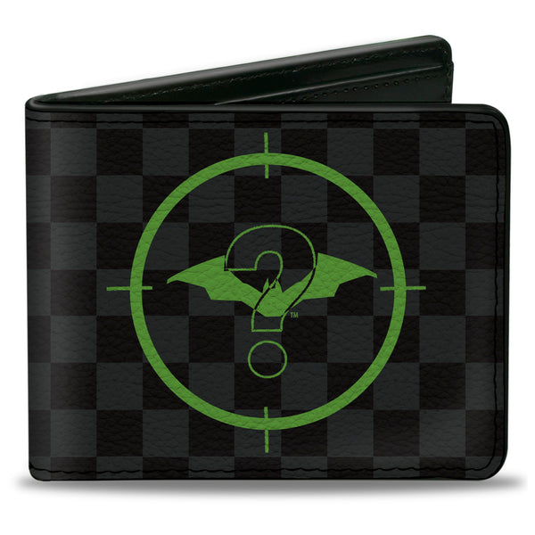 Buckle-Down Bi-Fold Wallet - The Batman Movie Batman and Riddler Target Logo Checker Black Gray Green