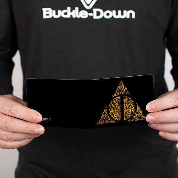 Buckle-Down Bi-Fold Wallet - The Deathly Hallows WAND STONE CLOAK MASTER OF DEATH Symbol Black Gold