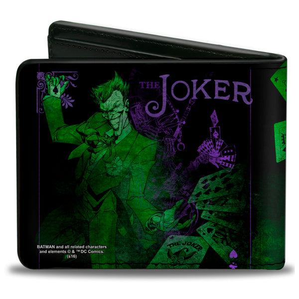 Buckle-Down Bi-Fold Wallet - THE JOKER Card Flipping Poses Black Greens Purples