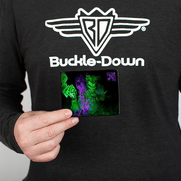 Buckle-Down Bi-Fold Wallet - THE JOKER Card Flipping Poses Black Greens Purples