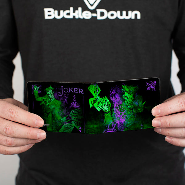 Buckle-Down Bi-Fold Wallet - THE JOKER Card Flipping Poses Black Greens Purples