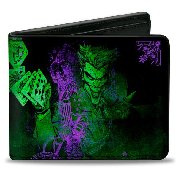 Buckle-Down Bi-Fold Wallet - THE JOKER Card Flipping Poses Black Greens Purples