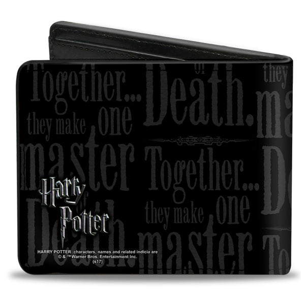 Buckle-Down Bi-Fold Wallet - TOGETHER THEY MAKE ONE MASTER OF DEATH. Deathly Hallows Symbol + HP Logo Black Grays White