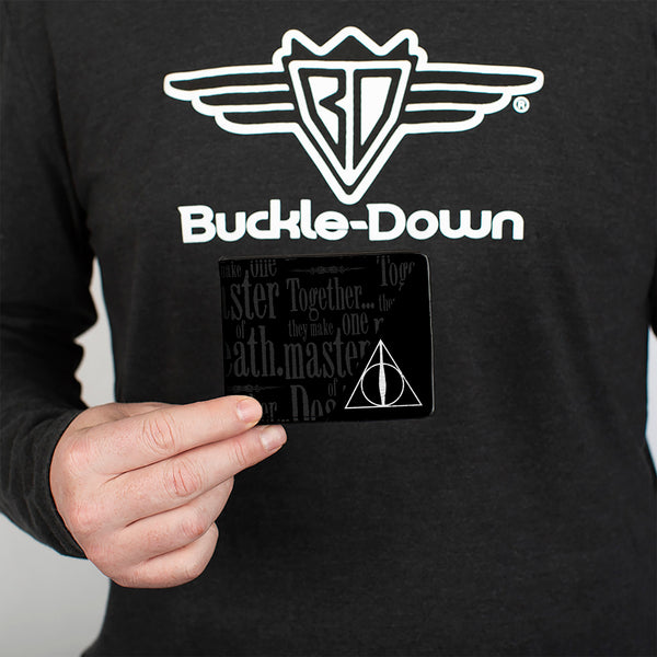 Buckle-Down Bi-Fold Wallet - TOGETHER THEY MAKE ONE MASTER OF DEATH. Deathly Hallows Symbol + HP Logo Black Grays White