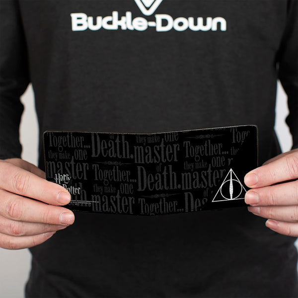 Buckle-Down Bi-Fold Wallet - TOGETHER THEY MAKE ONE MASTER OF DEATH. Deathly Hallows Symbol + HP Logo Black Grays White