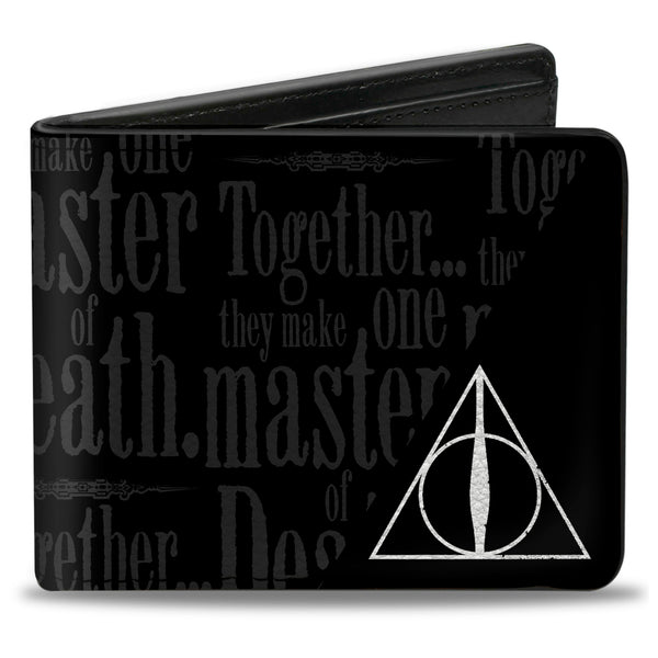 Buckle-Down Bi-Fold Wallet - TOGETHER THEY MAKE ONE MASTER OF DEATH. Deathly Hallows Symbol + HP Logo Black Grays White