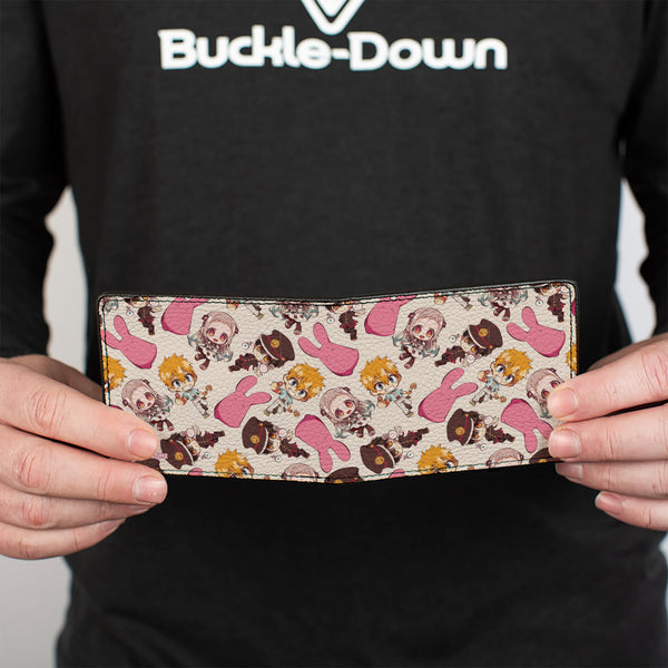 Buckle-Down Bi-Fold Wallet - TOILET-BOUND HANAKO-KUN Four Chibi Character Poses Scattered Beige