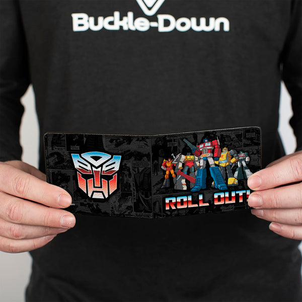 Buckle-Down Bi-Fold Wallet - Transformers Autobots ROLL OUT Pose And Shield Comic Panels Grays