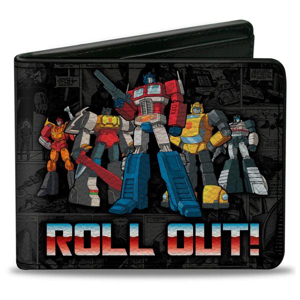 Buckle-Down Bi-Fold Wallet - Transformers Autobots ROLL OUT Pose and Shield Comic Panels Grays