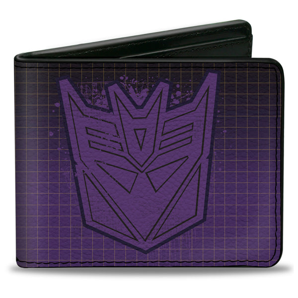 Buckle-Down Bi-Fold Wallet - Transformers DECEPTICONS Shield Splatter and Text Grid Fade Purples