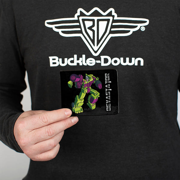 Buckle-Down Bi-Fold Wallet - Transformers DEVASTATOR Action Pose And Decepticon Shield Black/Silver Fade