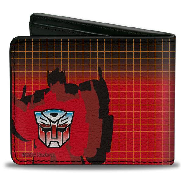 Buckle-Down Bi-Fold Wallet - Transformers Optimus Prime Blaster Pose And Autobot Shield Grid Fade Reds