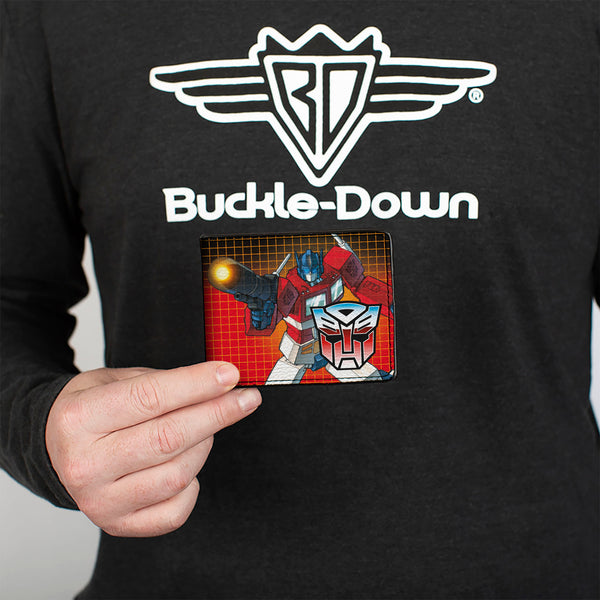 Buckle-Down Bi-Fold Wallet - Transformers Optimus Prime Blaster Pose And Autobot Shield Grid Fade Reds