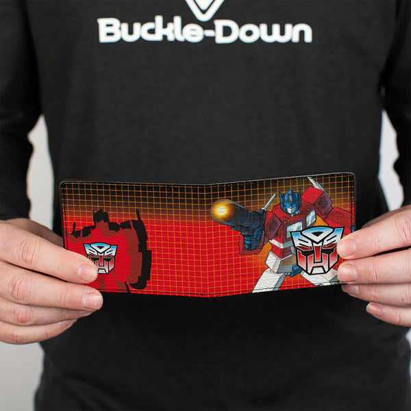 Buckle-Down Bi-Fold Wallet - Transformers Optimus Prime Blaster Pose And Autobot Shield Grid Fade Reds