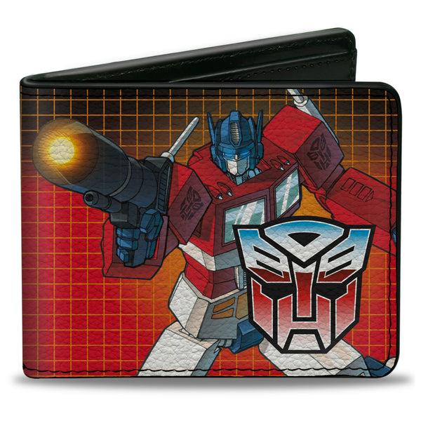 Buckle-Down Bi-Fold Wallet - Transformers Optimus Prime Blaster Pose and Autobot Shield Grid Fade Reds
