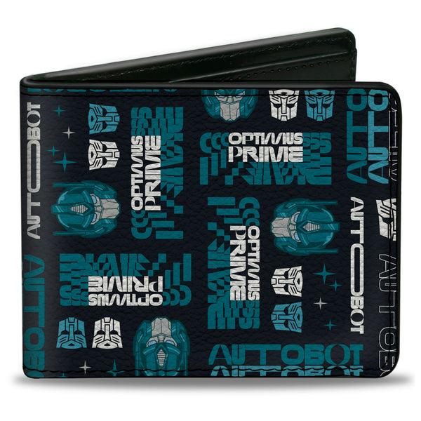 Buckle-Down Bi-Fold Wallet - Transformers OPTIMUS PRIME Text and Icons Collage Black/Blues