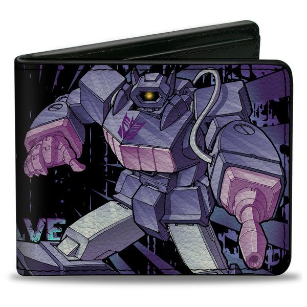 Buckle-Down Bi-Fold Wallet - Transformers SHOCKWAVE Poses and Decepticon Shield Rays Black/Purples