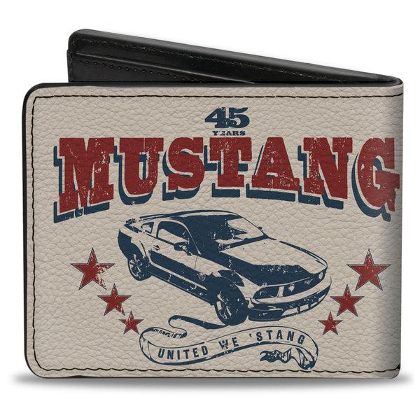 Buckle-Down Bi-Fold Wallet - Vintage MUSTANG 45 YEARS UNITED WE 'STANG Scroll Ivory Navy Red